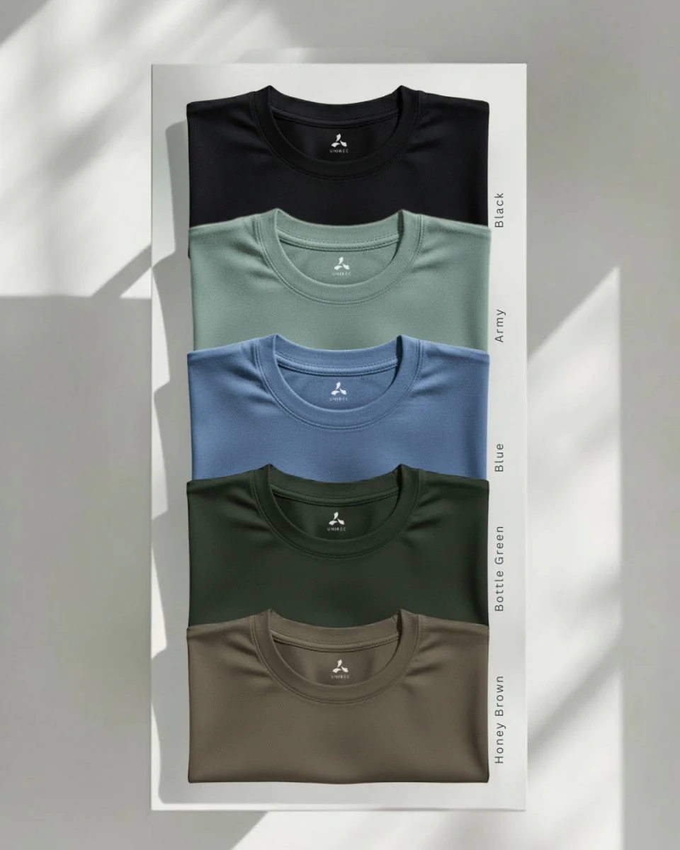 Men's Feather Touch Round Neck T-Shirt Combo - Pack of 5 (Black, Army, Blue, Bottle Green & Honey Brown Color)