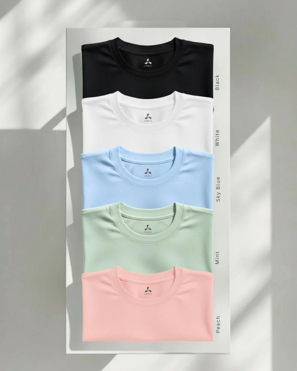 Men's Feather Touch Round Neck T-Shirt Combo - Pack of 5 (Black, White, Sky Blue, Mint & Peach Color)
