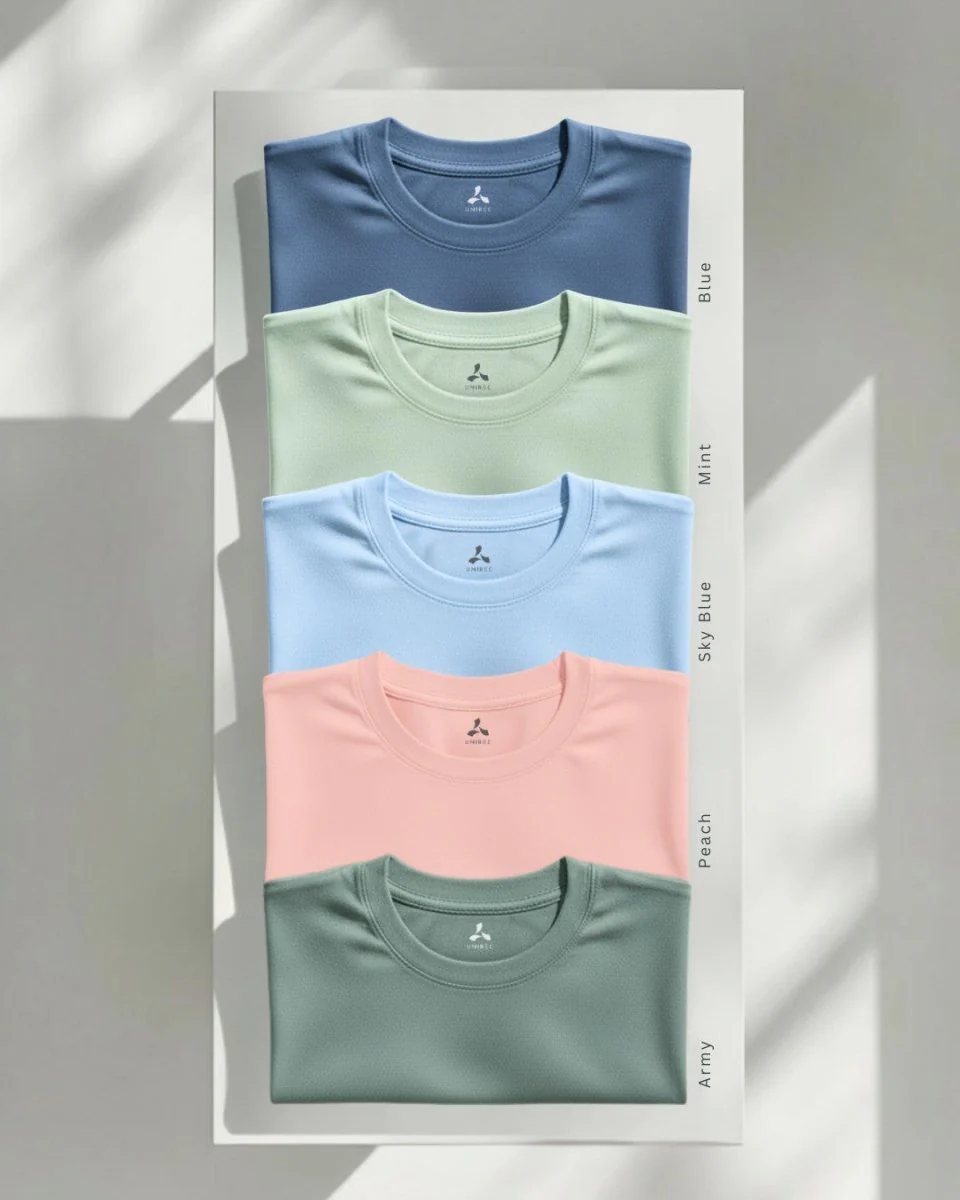 Men's Feather Touch Round Neck T-Shirt Combo - Pack of 5 (Blue, Mint, Sky Blue, Peach & Army Color)
