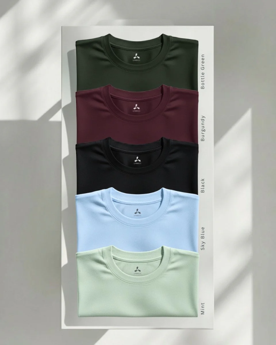 Men's Feather Touch Round Neck T-Shirt Combo - Pack of 5 (Bottle Green, Burgundy, Black, Sky Blue & Mint Color)