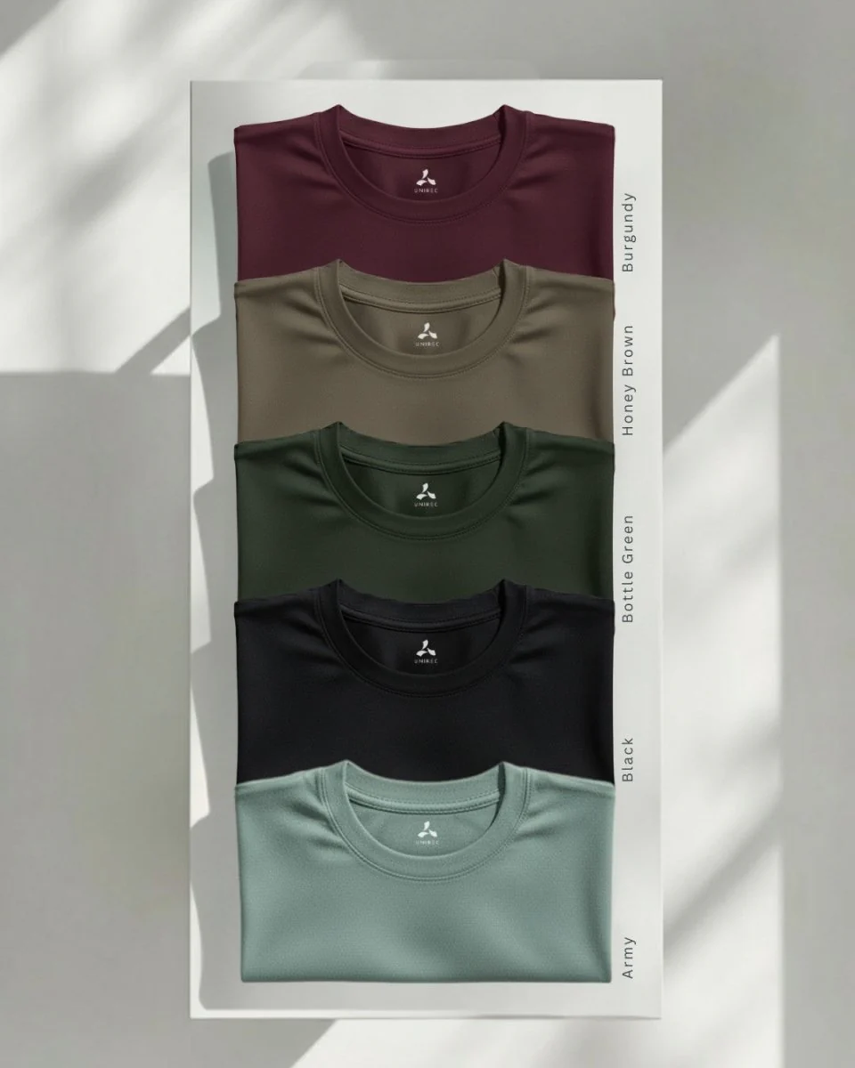 Men's Feather Touch Round Neck T-Shirt Combo Pack of 5 (Burgundy, Honey Brown, Bottle Green, Black & Army Color)