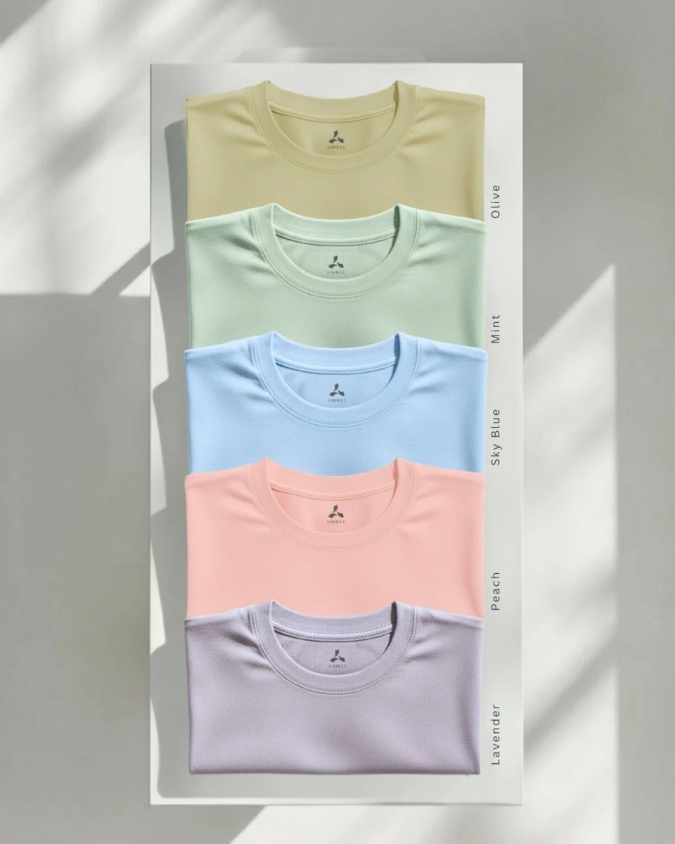 Men's Feather Touch Round Neck T-Shirt Combo - Pack of 5 (Olive, Mint, Sky Blue, Peach & Lavender Color)